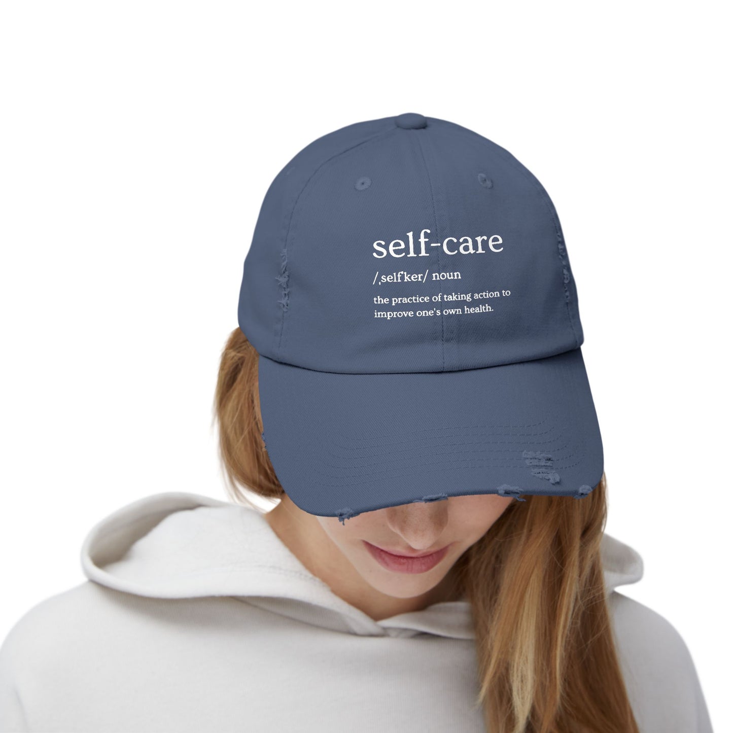 Self-Care Unisex Distressed Cap | Relaxed Fit Cap, Gift for Mental Health Awareness, Self-Care Hat, Casual Wear, Everyday Comfort