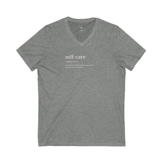Self-Care V-Neck Tee, Unisex Fashion Tee, Mindfulness Shirt, Relaxation Gift, Everyday Comfort Wear, Positive Vibes Apparel