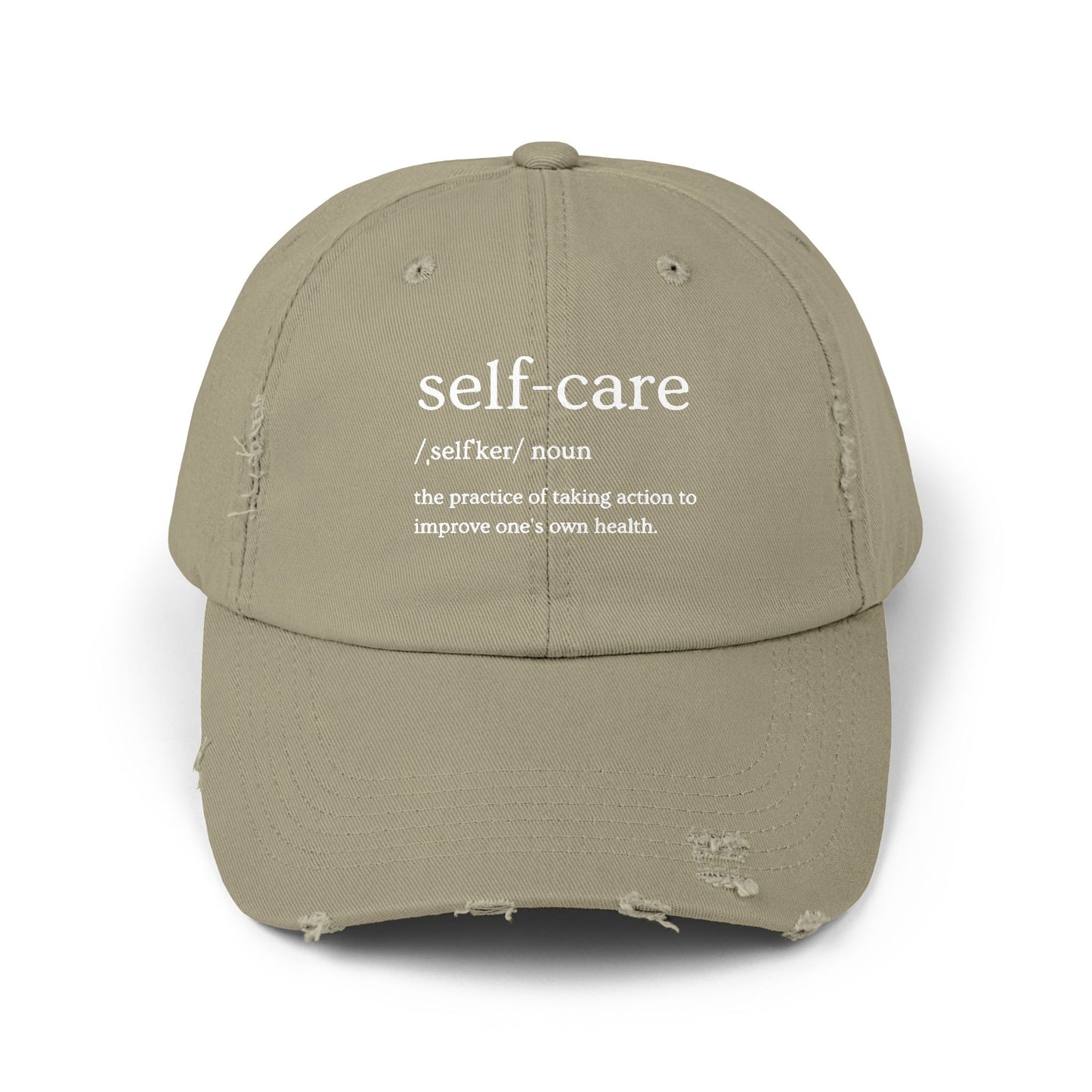 Self-Care Unisex Distressed Cap | Relaxed Fit Cap, Gift for Mental Health Awareness, Self-Care Hat, Casual Wear, Everyday Comfort