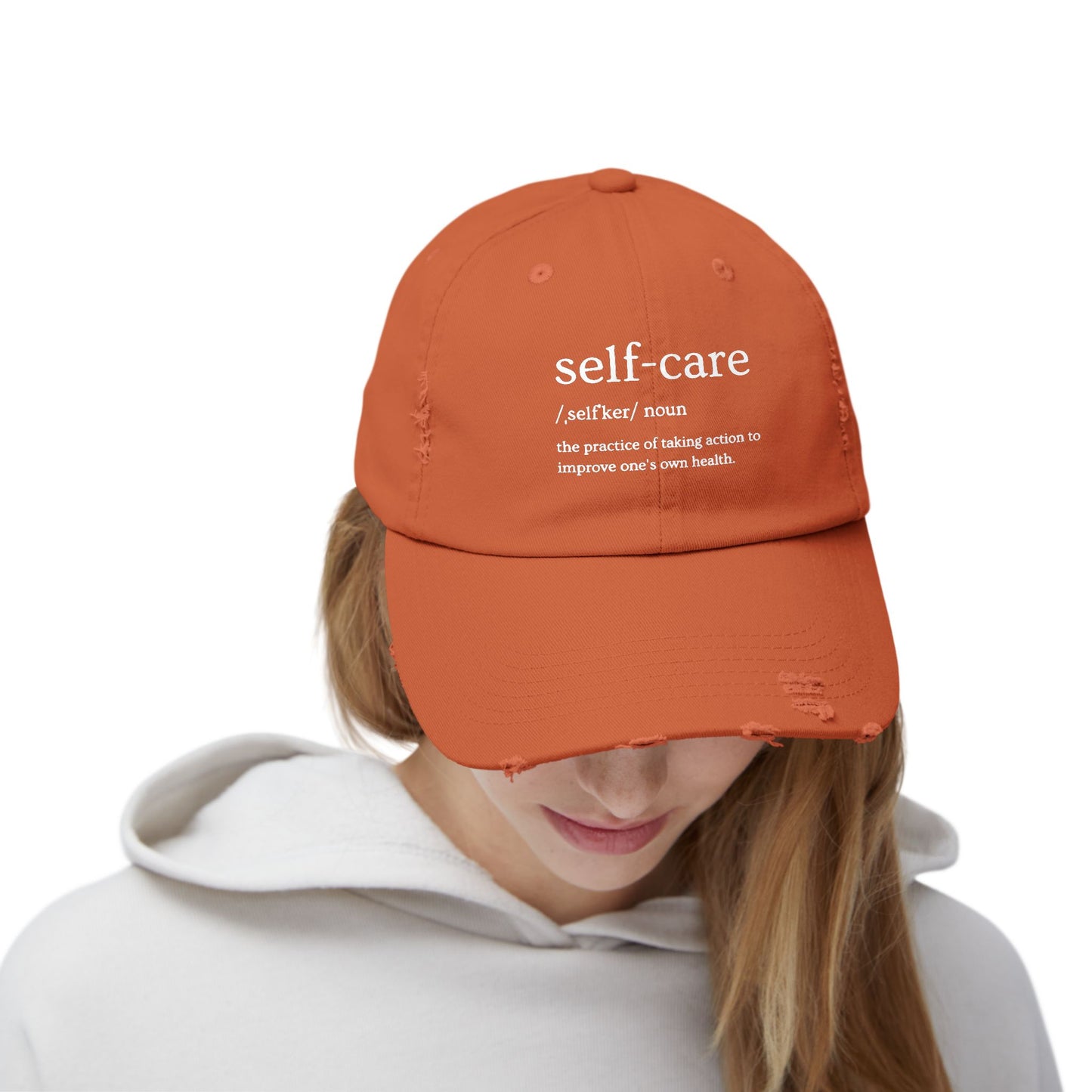 Self-Care Unisex Distressed Cap | Relaxed Fit Cap, Gift for Mental Health Awareness, Self-Care Hat, Casual Wear, Everyday Comfort
