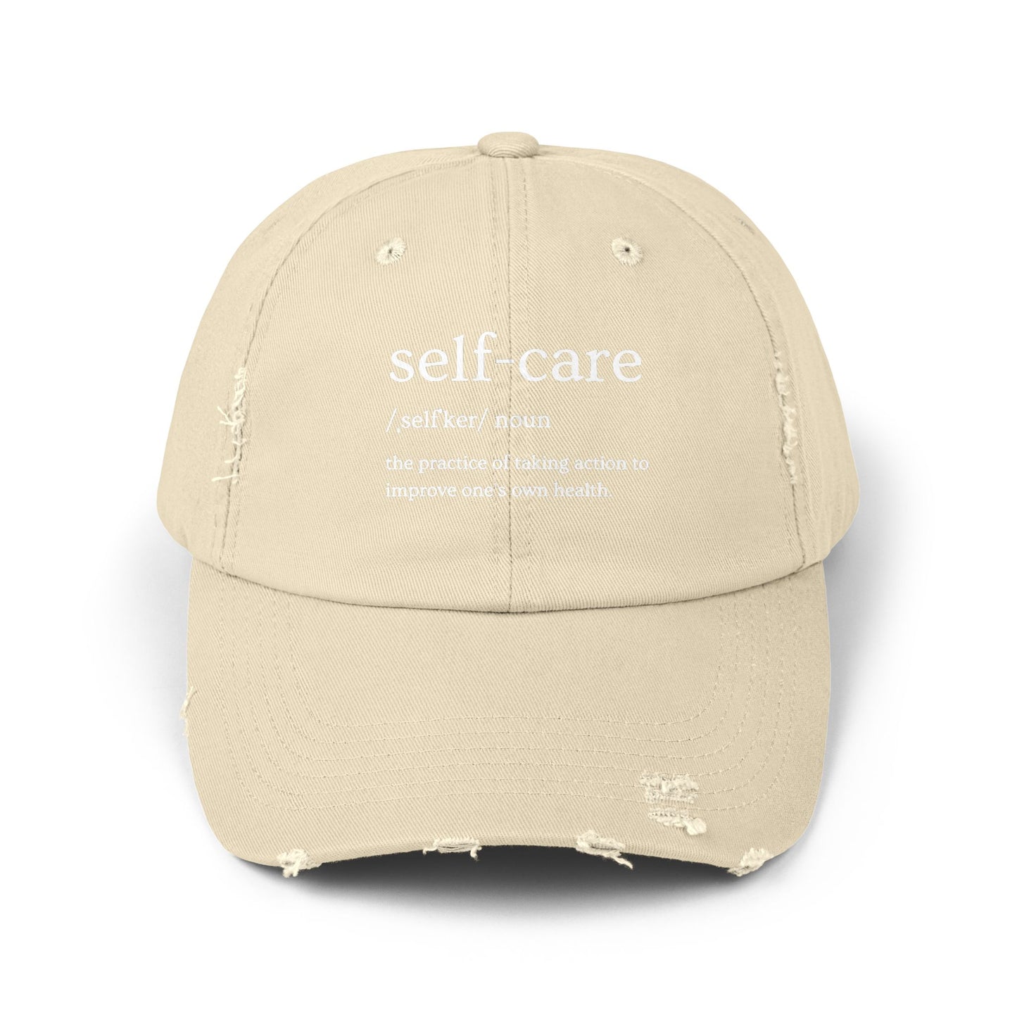 Self-Care Unisex Distressed Cap | Relaxed Fit Cap, Gift for Mental Health Awareness, Self-Care Hat, Casual Wear, Everyday Comfort