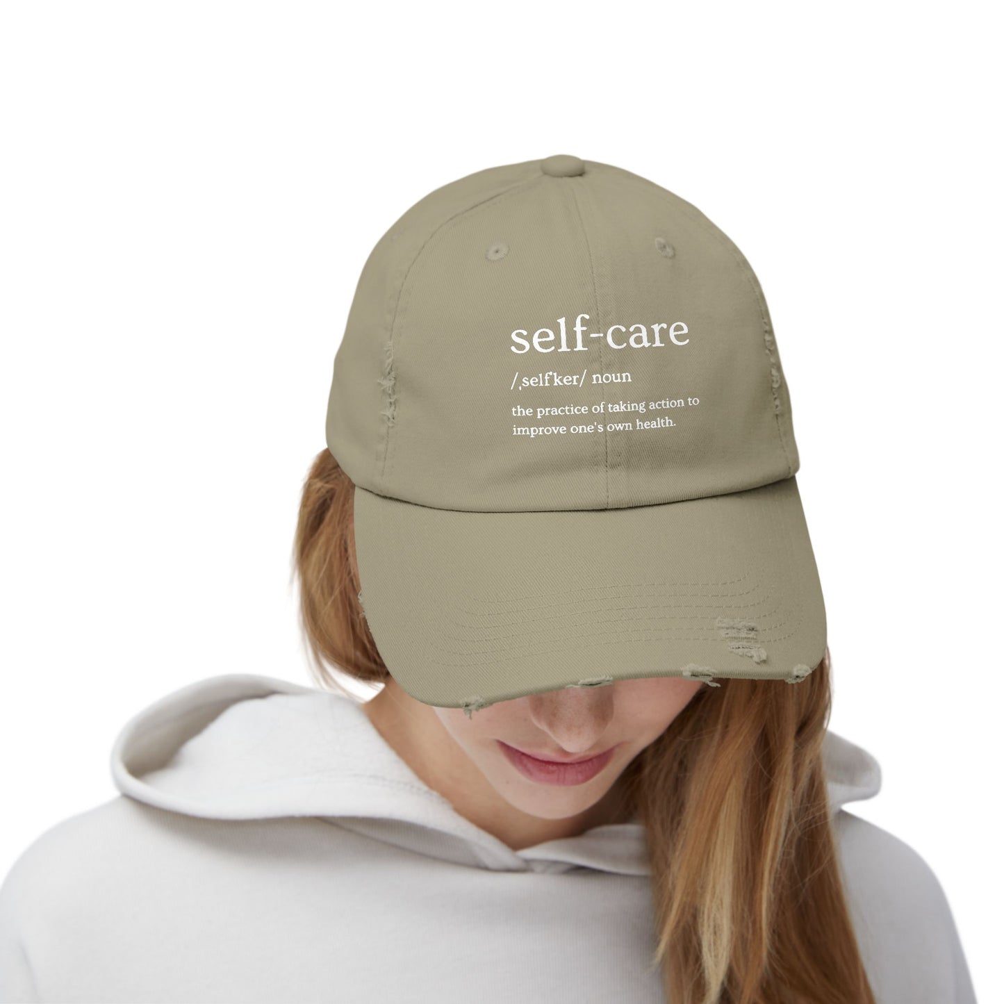 Self-Care Unisex Distressed Cap | Relaxed Fit Cap, Gift for Mental Health Awareness, Self-Care Hat, Casual Wear, Everyday Comfort