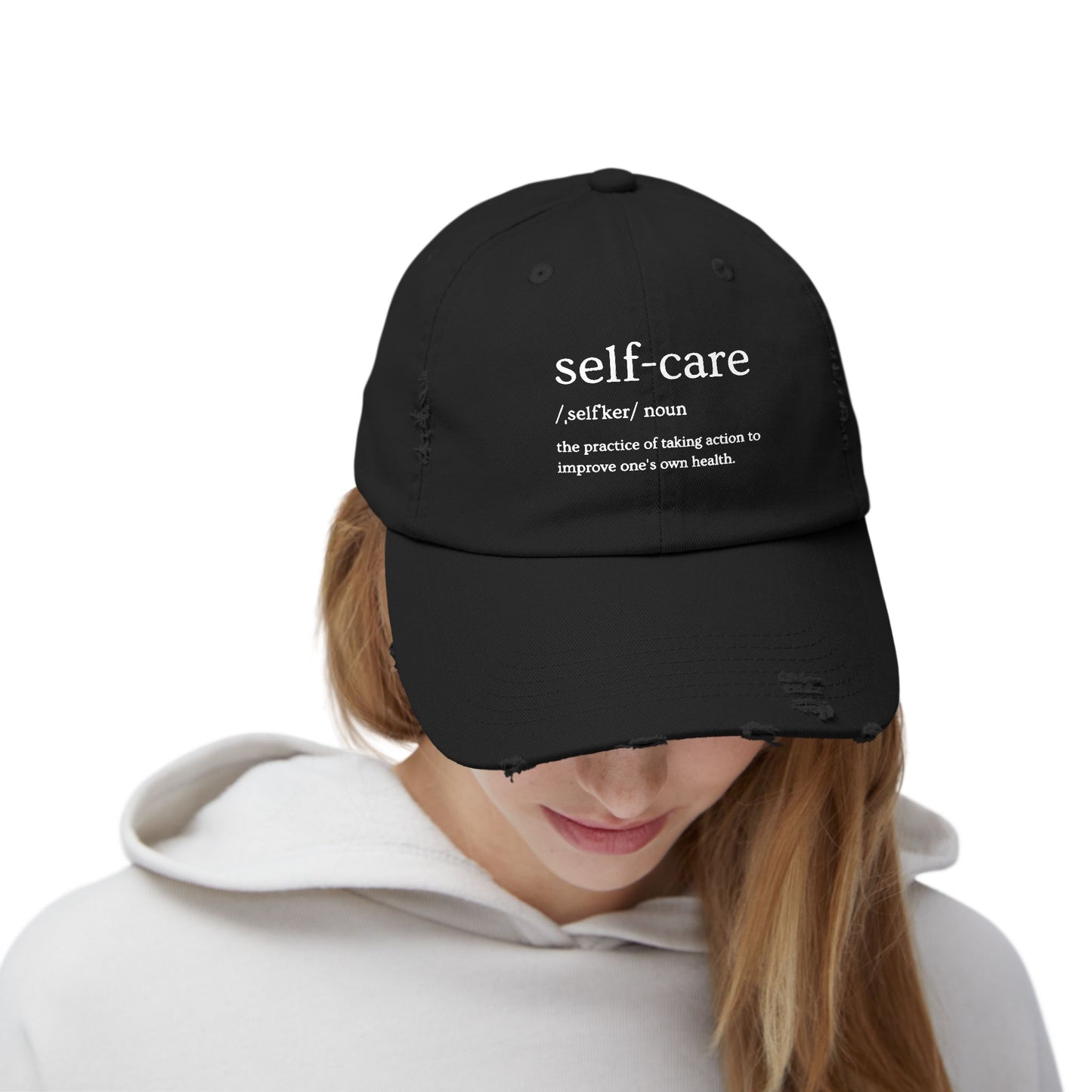 Self-Care Unisex Distressed Cap | Relaxed Fit Cap, Gift for Mental Health Awareness, Self-Care Hat, Casual Wear, Everyday Comfort