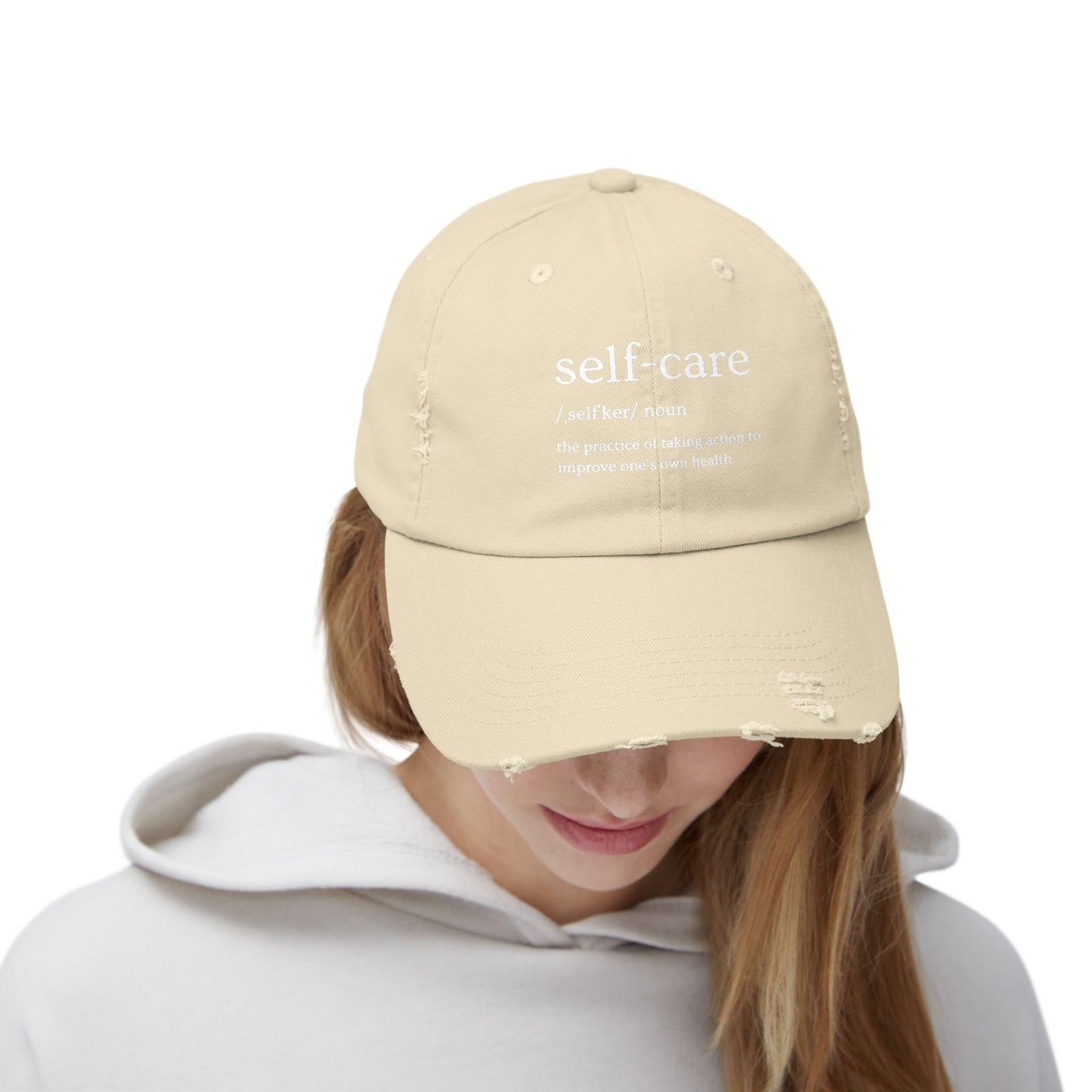 Self-Care Unisex Distressed Cap | Relaxed Fit Cap, Gift for Mental Health Awareness, Self-Care Hat, Casual Wear, Everyday Comfort