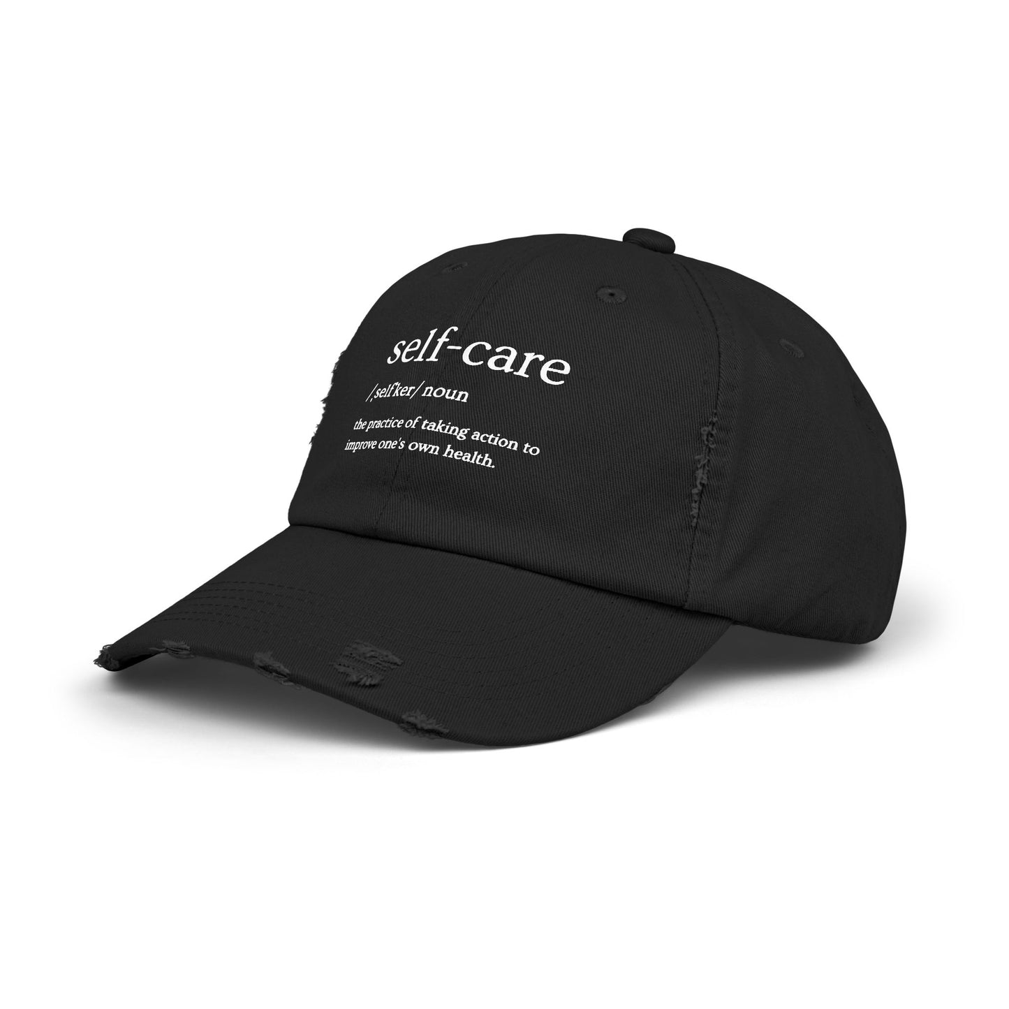 Self-Care Unisex Distressed Cap | Relaxed Fit Cap, Gift for Mental Health Awareness, Self-Care Hat, Casual Wear, Everyday Comfort