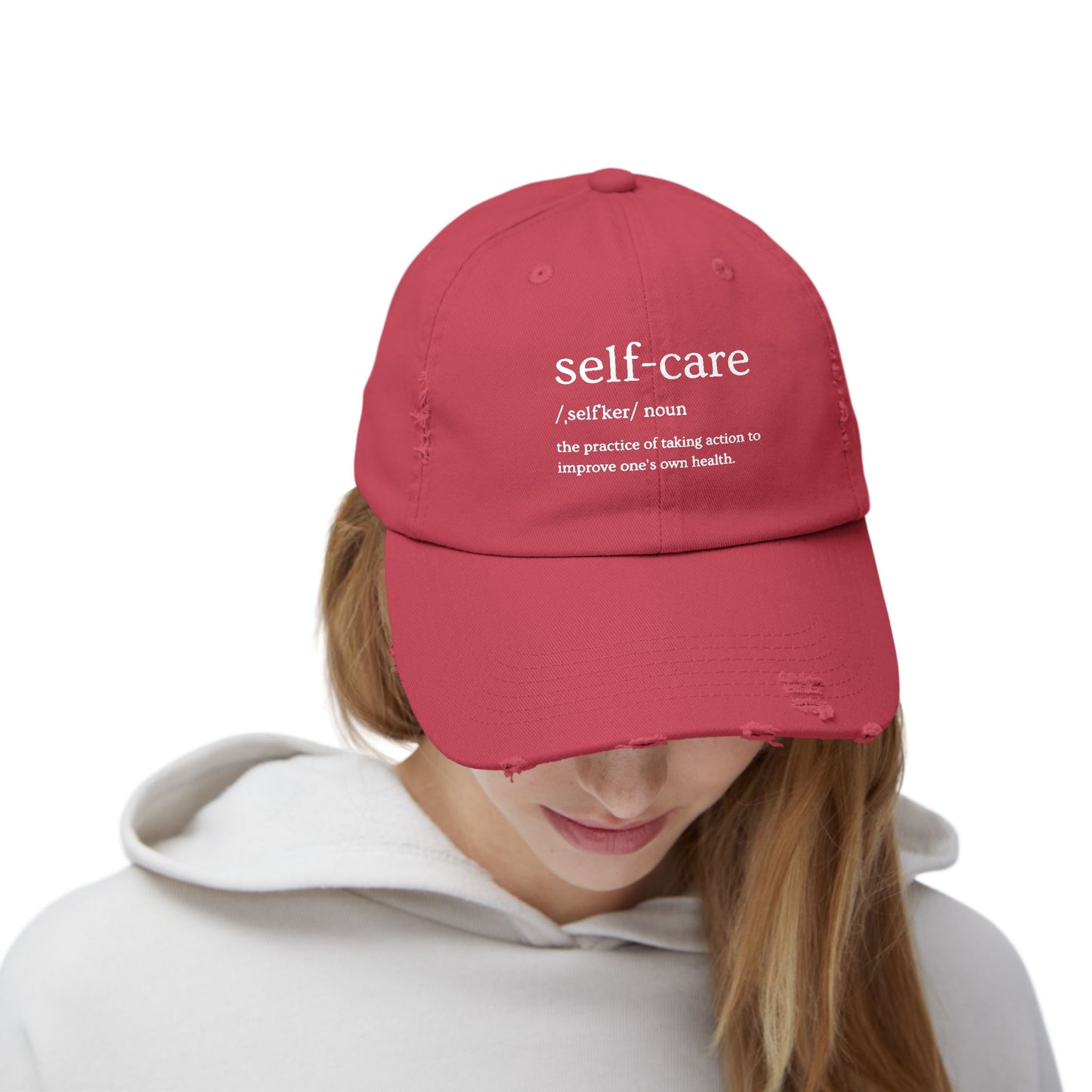 Self-Care Unisex Distressed Cap | Relaxed Fit Cap, Gift for Mental Health Awareness, Self-Care Hat, Casual Wear, Everyday Comfort