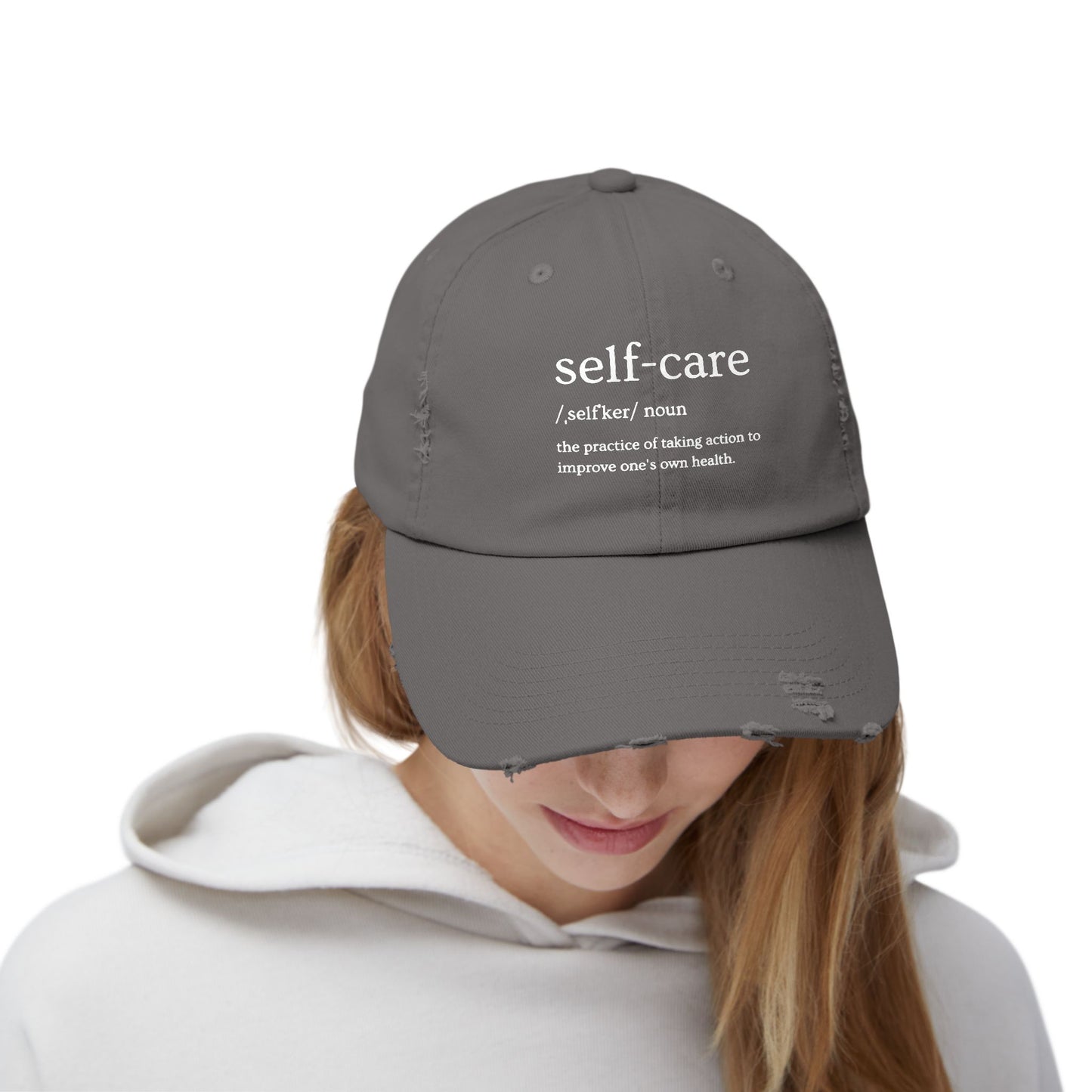 Self-Care Unisex Distressed Cap | Relaxed Fit Cap, Gift for Mental Health Awareness, Self-Care Hat, Casual Wear, Everyday Comfort