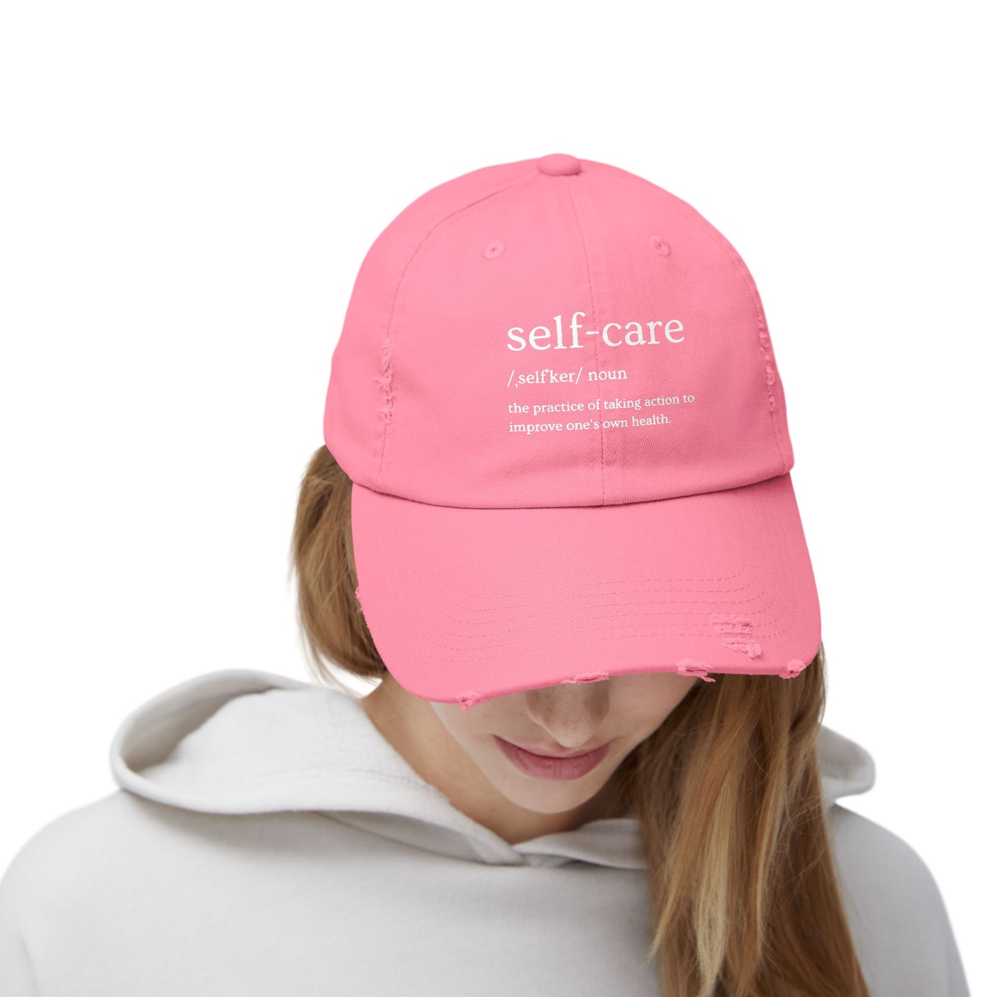 Self-Care Unisex Distressed Cap | Relaxed Fit Cap, Gift for Mental Health Awareness, Self-Care Hat, Casual Wear, Everyday Comfort